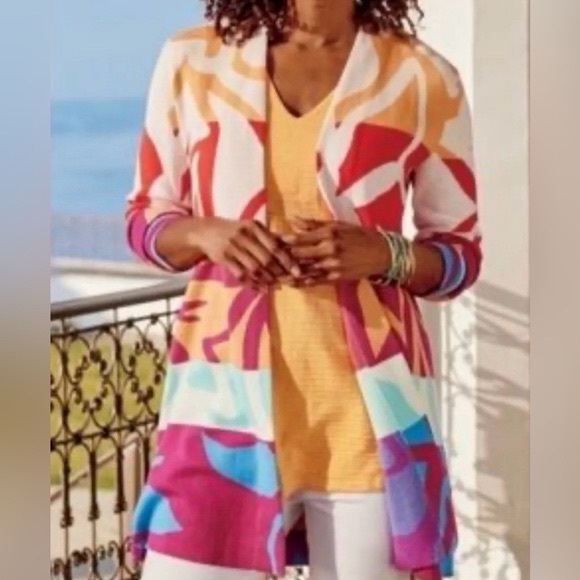 Soft Surroundings Sweaters - Soft Surroundings Color Burst Floral Longline Open Front Cardigan S Resort Boho
